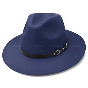 Wool Fedora Hat Felt Panama Cap Jazz Classic Wide Brim Belt Buckle Church Cowboy - Picture 1 of 17