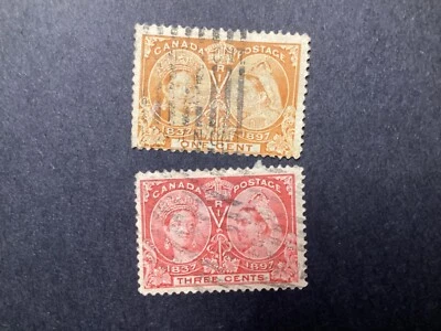 Canada Stamps 1897 #51 & 53 Queen Victoria Jubilee Issue 1¢ 3¢ Used Hinged Fault - Image 1 of 2