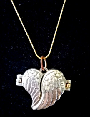 Medallón Corazón Ala de Ángel 1" Con Dije de Ángel 20" Cadena Tonos Plateados y Dorados Foto 1 de 4