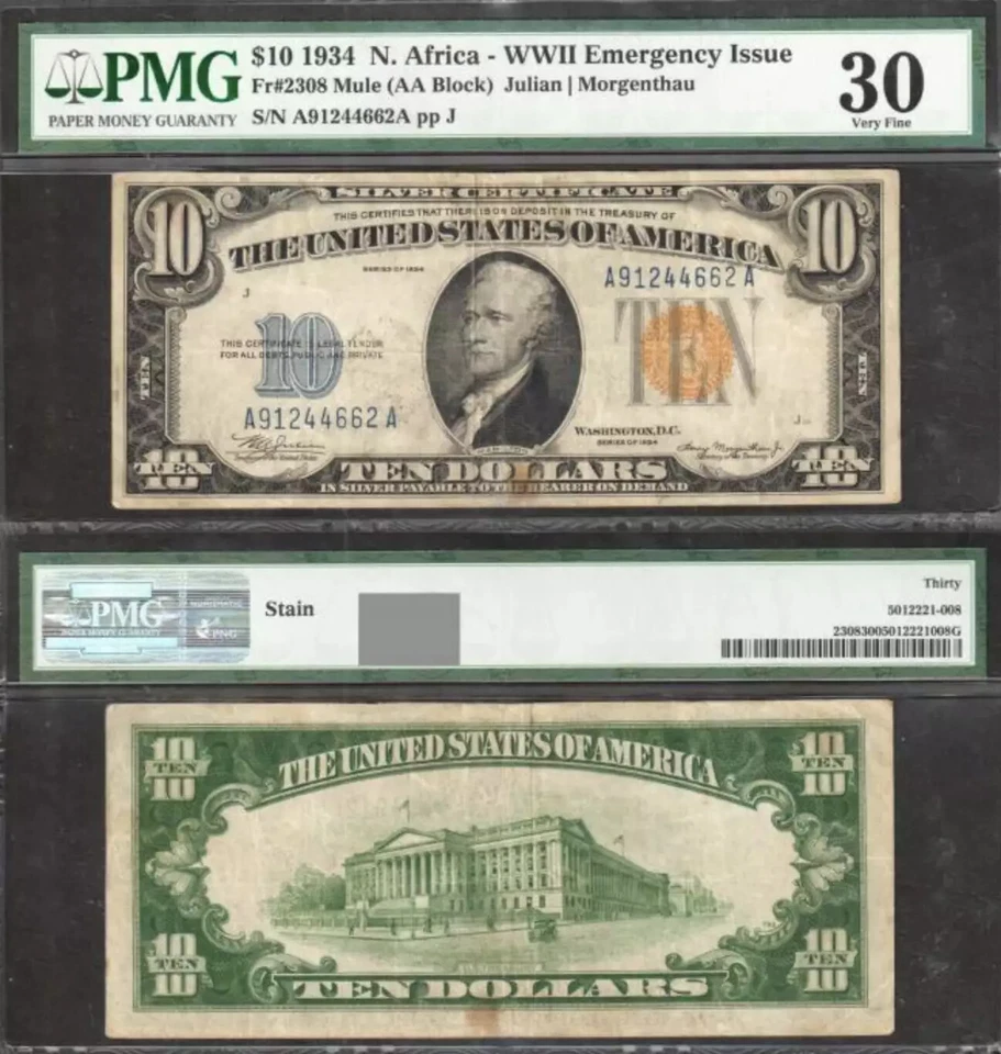 $10 1934 Silver Certificate,Fr.2308m=Incredibly Rare North Africa=PMG VF 30 - Image 1 of 1