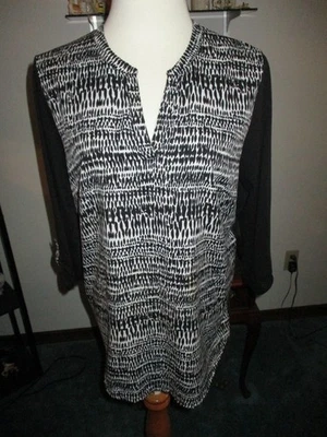 Coral Bay Women's Size L Black & White Print Front, Solid Black Back Blouse /Top - Image 1 of 4