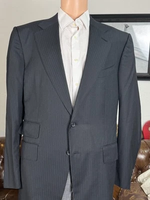 Tom Ford Black Herringbone Striped Peak Lapel blazer suit jacket 56/ 46R - Image 1 of 4