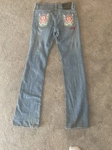 Ed Hardy RARE Y2K Skull Rose Straight Leg 5 Pocket Jeans Juniors Size 30 EUC - Picture 1 of 11