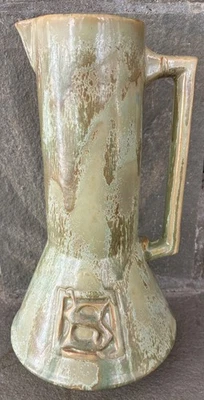 RARE ANTIQUE FULPER VASEKRAFT LARGE FLAGON OUTSTANDING CRYSTALLINE GREEN GLAZE - Image 1 of 4