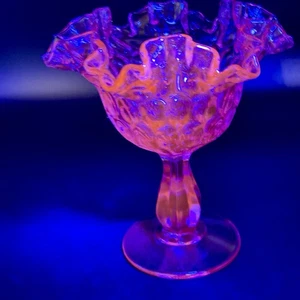 Fenton Colonial Pink Selenium Glass Thumbprint Ruffled Candy Dish Compote Glows - Picture 1 of 16