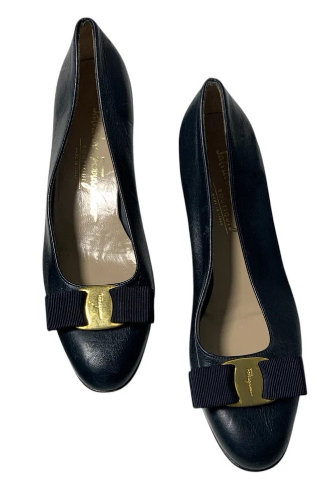 Винтажные женские туфли SALVATORE FERRAGAMO M.I.Italy синяя кожа / логотип PVGC - Изображение 1 из 4