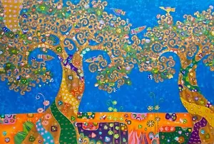 Vibrant Tree of Life Painting acrylic on Canvas Signed Ubud Bali Wall Art 47" - Picture 1 of 8