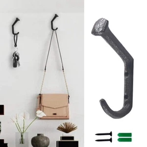 Wall Mounted Storage Door Towel Hanger Black Cast Iron Coat Hooks with Screws UK - Picture 1 of 9
