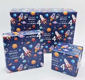 2 Sheets 4th Birthday SPACE Theme Wrapping Paper Age 4 Giftwrap (PA-W222)