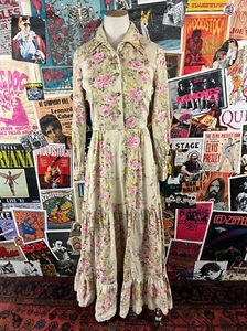 Vtg 60s-70s Cream Floral Chintz Shirtwaist Rhinestone Maxi Dress XS Calliope - Picture 1 of 19