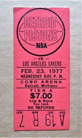 Detroit Pistons vs Los Angeles Lakers Ticket stub Feb 23, 1977 - COBO Arena ! Cover