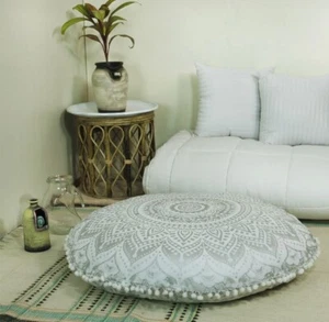 82 CM White Silver Mandala Large Floor Pillowcase Round Cushion Covers Bohemian - Picture 1 of 2