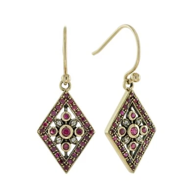 9K Gold Natural Ruby and Diamond Vintage Style Geometric Drop Earrings - Image 1 of 4