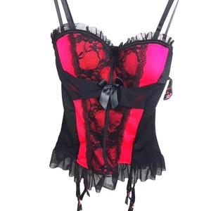 Satin Lace Bustier Boning Bow Garter Size M Pink Black Whimsigoth Fairy Romantic - Picture 1 of 19