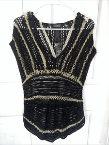 Bebe Black Mesh Gold Stripes Dress Robe Superp Filet Beach Cover-Up-New - Picture 1 of 7