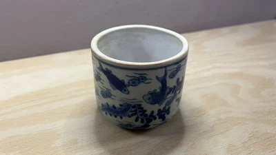 Vintage Blue and White Porcelain Teacup with Fish Design – Asian Antique Ceramic - Image 1 of 3