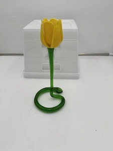 Art Glass Flower Taper Candle Holder Hand Blown Yellow Tulip 10 Inch Long Stem - Picture 1 of 8
