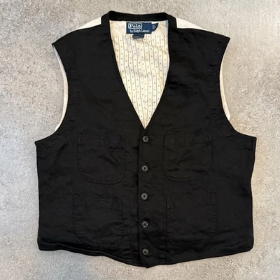Vintage 90s Polo Ralph Lauren Suit Vest Jacket M/L Black Cotton Linen Button Up - Image 1 of 4
