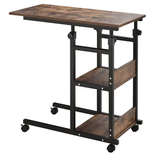 Industrial C-Shaped Mobile Rolling Sofa Side Table w/3-Tier Storage Shelvin - Picture 1 of 8