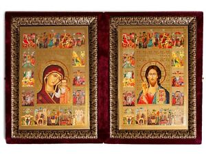 Christ The Teacher Virgin of Kazan Orthodox Byzantine Icon Diptych Feast Days