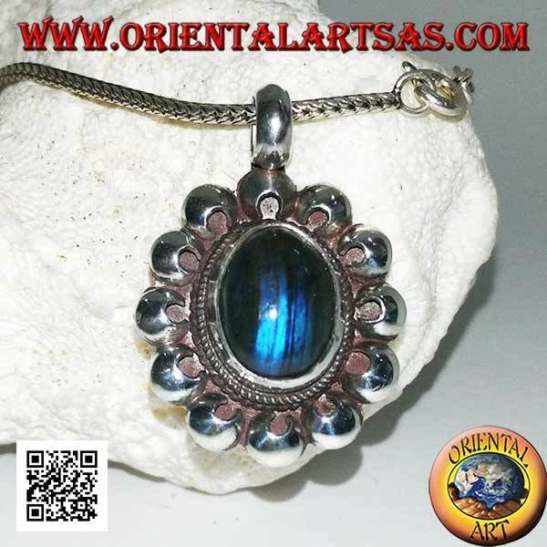 Ciondolo in Argento 925‰ labradorite a fluorescenza blu a cabochon con dischetti - Immagine 1 di 1