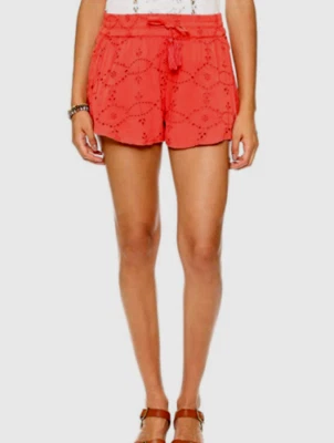 Shorts Free People ilhó gravata fluida coral vermelho pequeno festival boho  - Imagem 1 de 4