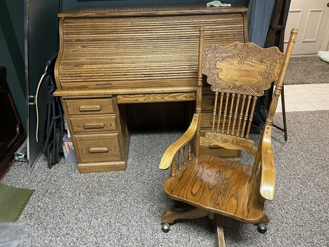 Solid Oak Roll Top Desk & Matching Chair Cover