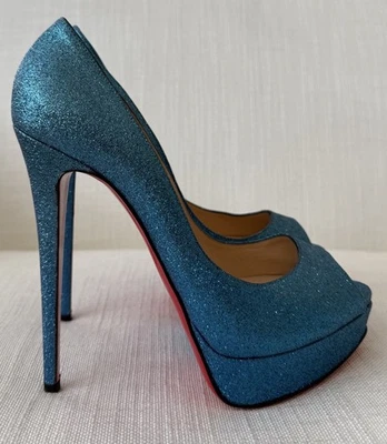 Christian Louboutin Lady Peep 150 Glitter Blue Peep Toe Size 39.5 WORN ONCE - Image 1 of 4