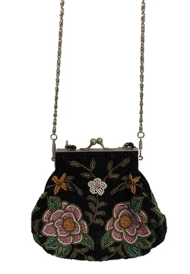 Bolsa de noite floral preta rosa com várias miçangas mão ou ombro pequena 6 x 6,5 - Imagem 1 de 4