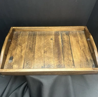 Vintage Rustic Brown Reclaimed Wood Serving Decor Tray With Handles - Image 1 of 4