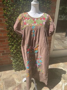 Vintage Oaxacan Dress San Antonio Mexican Kaftan Hand Embroidered Maxi Brown - Picture 1 of 11