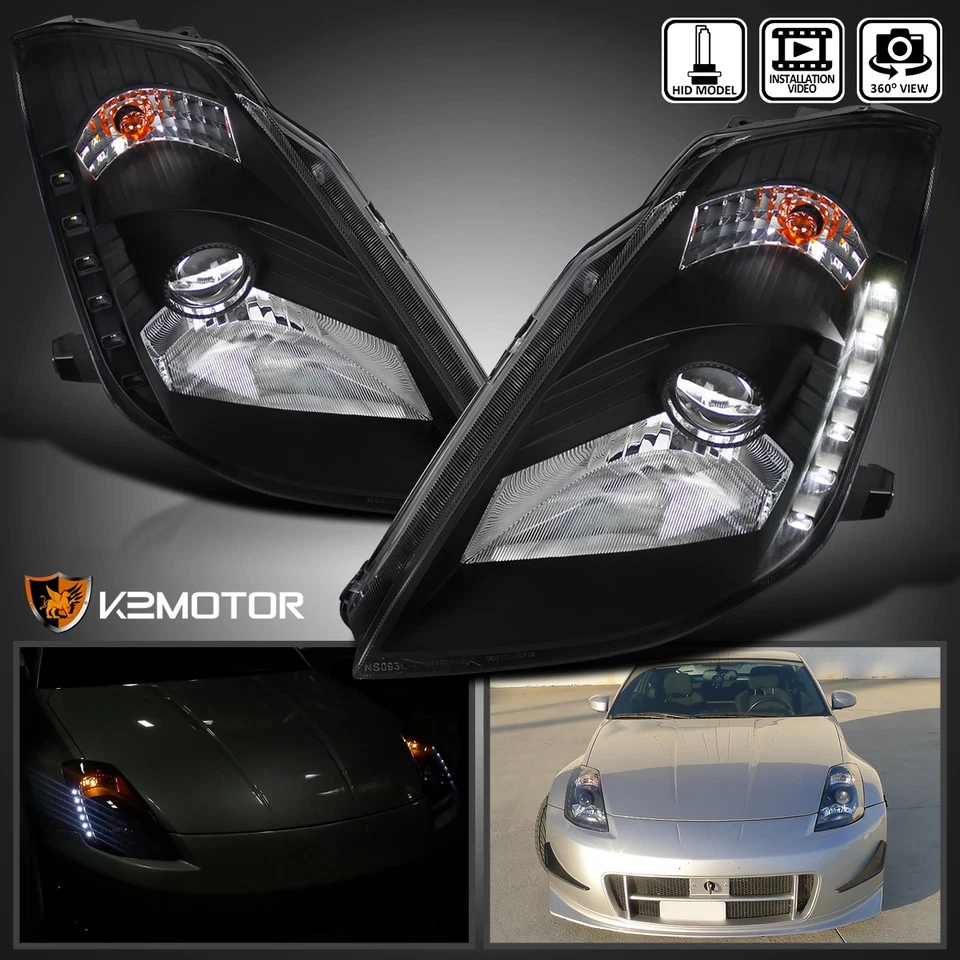 Fits 2003-2005 350Z Z33 HID Type Black Projector Headlights LED Strip Head Lamps - Image 1 of 4