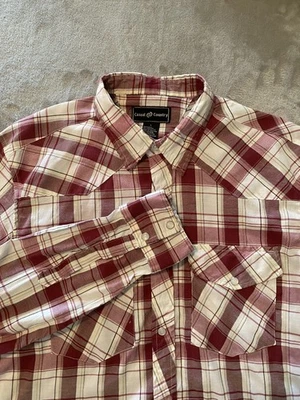 Casual Country Shirt Mens Large Red White Plaid Western Pearl Snap Long Sleeve - Image 1 of 4