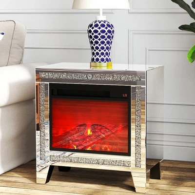 Silver Mirrored Side Table Electric Fireplace Heater Crushed Diamond Nightstand - Image 1 of 4