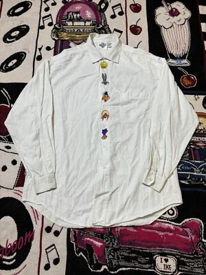 Vintage 90s Looney Tunes Button Up Shirt Embroidered L White Bugs Daffy Tweety - Image 1 of 4
