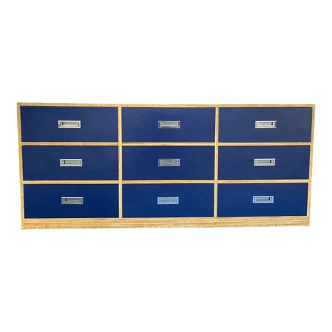 1980s Vintage Antique Blue Campaign Steel/chrome Hardware Wood Triple Dresser Cover