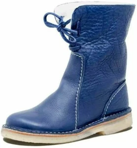 Women' Mid Calf Warm Fleece Lined Snow Boots Flats Faux Leather Lace Up Shoes 42 - Picture 1 of 3