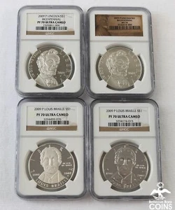 Lot of 4: 2009 Abraham Lincoln & Louis Braille Silver Dollars NGC MS70 & PF70 UC - Picture 1 of 6