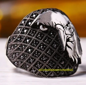 925 Sterling Silver Black Onyx Stone Angry Eagle Style Mens Ring All Size 011 - Picture 1 of 4