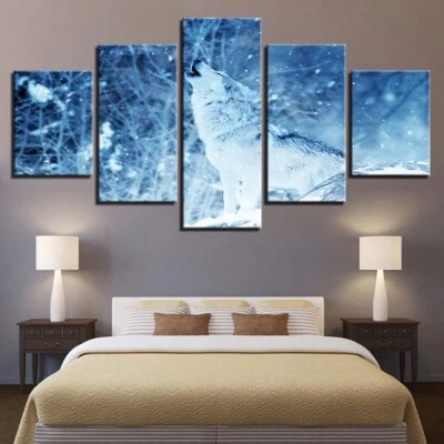 Silhouette Wolf Howling Snow Forest Canvas Print Painting Wall Art Home Decor 5P - Image 1 of 4