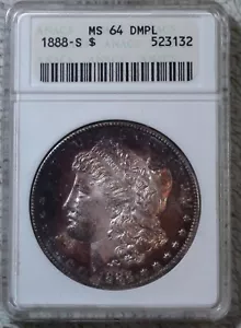 1888-S ANACS MS-64 DMPL Morgan Silver Dollar with brown toning, 49 slabbed - Picture 1 of 3