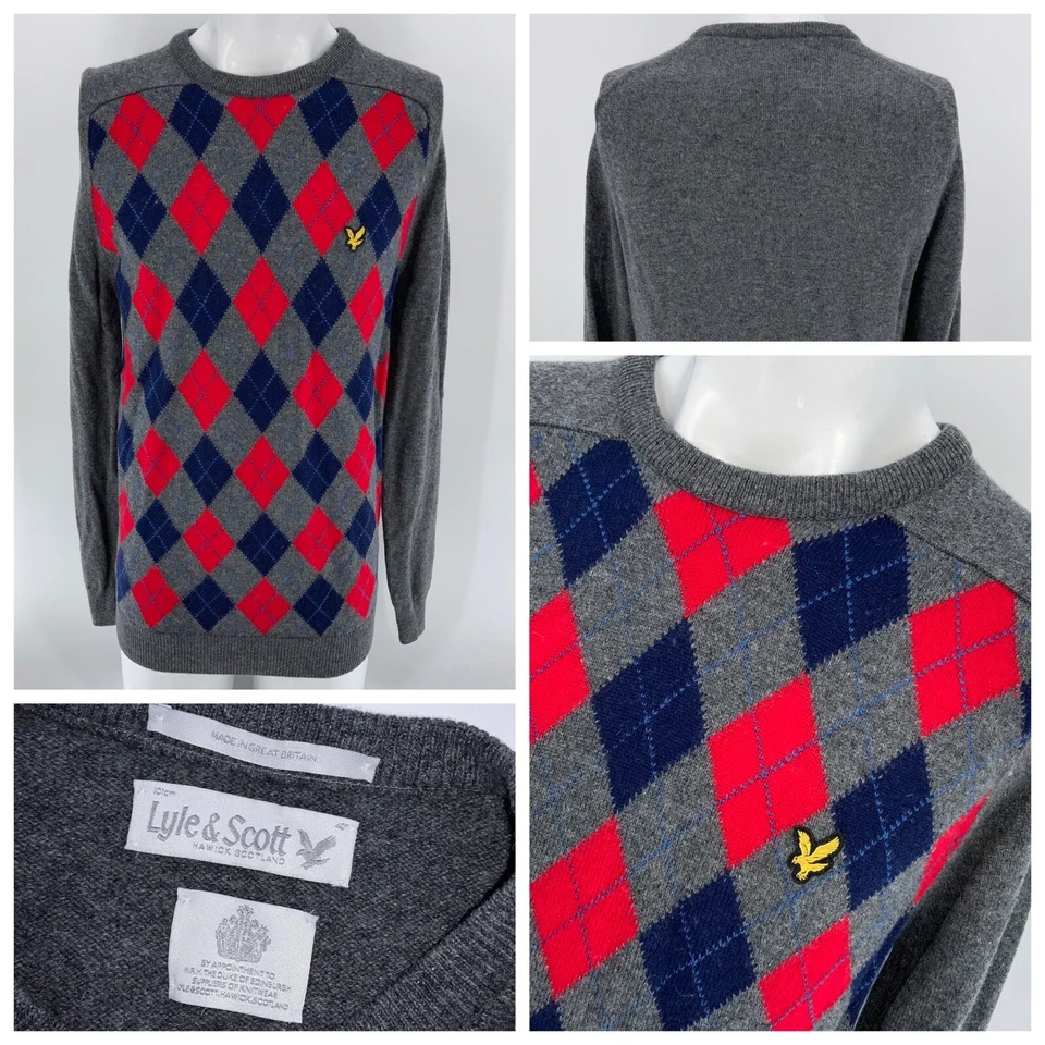 Lyle & Scott Argyle Crew свитер M мужчин серый синий красный шерсти длинный Slv Великобритании YGI N4-144 - Изображение 1 из 4