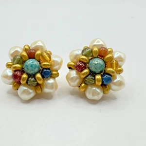 Vintage Liz Claiborne Cluster Bead Faux Pearl GoldTone Stud Pierced Earrings - Picture 1 of 10