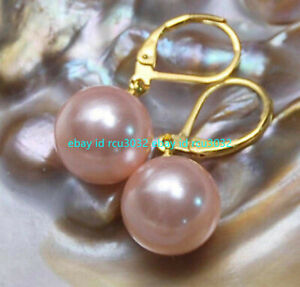 Pretty Pink Round South Sea 12mm Shell Pearl Gold Plated Dangle Earrings