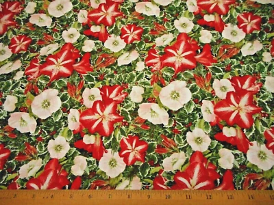 Christmas Fabric By Yard SALE Red White Xmas Floral Green Holly Cotton #76 #C - Image 1 of 2