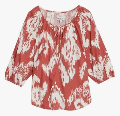 M&S MARKS SPENCER Linen Rich Peasant Top SIENNA RUST IKAT Tie Neck US-12, UK-16 - Image 1 of 4