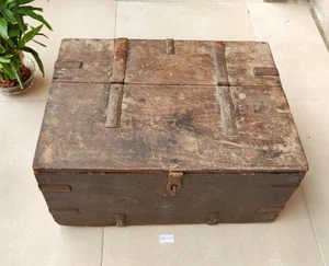 Antique Handmade Wooden Storage Chest Vintage Old Rustic Trunk with Metal Straps - Picture 1 of 8