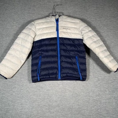 Eddie Bauer Jacket Youth 7/8 Blue Navy Gray Reversible Hooded Duck Down Puffer - Image 1 of 4
