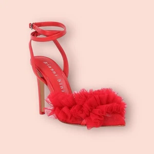 Gianni Bini Mays Ruffle Mesh Leather Red Ankle Strap Pumps Size 9.5 NEW - Picture 1 of 7