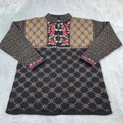 Vntg Icelandic Design Sweater Large Black Wool Nordic Pewter Clasp Henley Tunic - Image 1 of 4